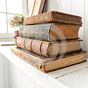 Stack of old vintage books on shelf with antique ink isolated on white background