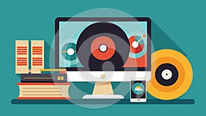 A stack of old vinyl records sits next to the computer ready to be played and sampled. Vector illustration. photo