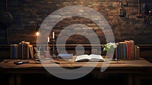 Many books on the table against the background of an old brick wall