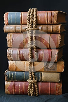 A stack of old books tied up with a rope