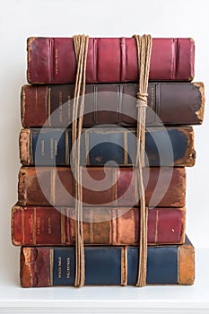 A stack of old books tied up with a rope