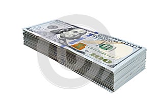 Stack of one hundred dollar bills isolated on white background. Stack of cash money in hundred dollar banknotes. Heap of hundred d