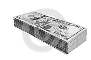 Stack of one hundred dollar bills isolated on white background. Stack of cash money in hundred dollar banknotes. Heap of hundred d