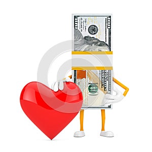 Stack of One Hundred Dollar Bills Person Character Mascot with Red Heart. 3d Rendering