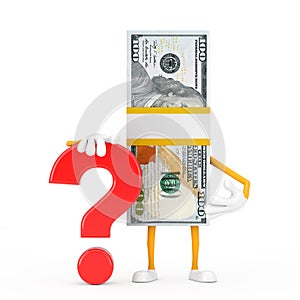 Stack of One Hundred Dollar Bills Person Character Mascot with Red Question Mark Sign. 3d Rendering