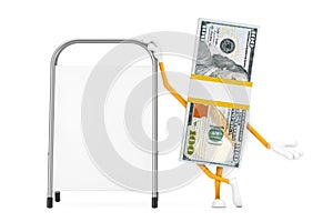 Stack of One Hundred Dollar Bills Person Character Mascot with White Blank Advertising Promotion Stand. 3d Rendering