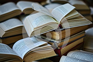 A stack of open books with pages fluttering, conveying the notion of gaining knowledge and inspiration