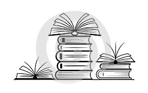 Stack of open and closed books reading knowledge
