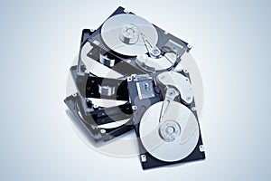 Stack of open harddrives