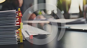 The stack of organized documents. AI generated