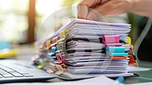 The stack of organized documents.AI generated image