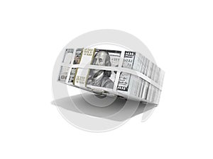 Stack of pack of dollars falling on half 3d render on white background with shadow
