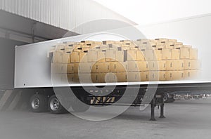 Stack of Package Boxes Load Inside Cargo Container. Shipment Boxes. Freight Truck Transport. Shipping Warehouse Logistics