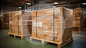 Stack of Package Boxes on Pallet in storage. Supply Chain Cardboard Boxes, Packaging Stoage. Cargo Shipment Logistics