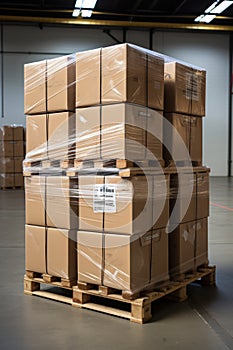 Stack of Package Boxes on Pallet in storage. Supply Chain Cardboard Boxes, Packaging Stoage. Cargo Shipment Logistics