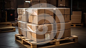 Stack of Package Boxes on Pallet in storage. Supply Chain Cardboard Boxes, Packaging Stoage. Cargo Shipment Logistics