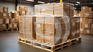 Stack of Package Boxes on Pallet in storage. Supply Chain Cardboard Boxes, Packaging Stoage. Cargo Shipment Logistics