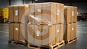 Stack of Package Boxes on Pallet in storage. Supply Chain Cardboard Boxes, Packaging Stoage. Cargo Shipment Logistics