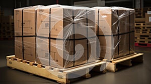 Stack of Package Boxes on Pallet in storage. Supply Chain Cardboard Boxes, Packaging Stoage. Cargo Shipment Logistics