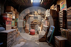 stack of pallets and cardboard boxes in storage area