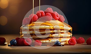 stack of pancakes and berries drizzled with honey syrup, ai generative