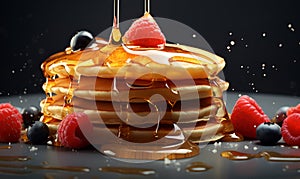 stack of pancakes and berries drizzled with honey syrup, ai generative
