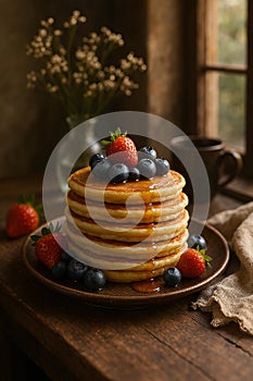 Stack of Pancakes with Berries and Syrup by Rustic Window.