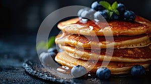 Stack of Pancakes With Blueberries and Syrup. Generative AI.