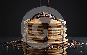 A stack of pancakes with chocolate sauce and pieces on serveware