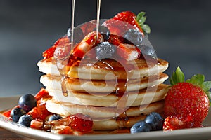 A stack of pancakes covered in syrup and fresh berries