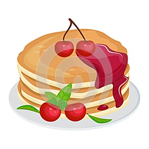 Stack of pancakes with dripping cherry syrup and cherries on top. Plate with american breakfast pancakes, sweet dessert