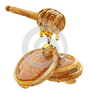 Stack of pancakes with dripping honey isolated on white background