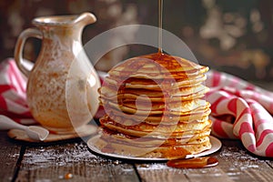 Stack of Pancakes with Dripping Maple Syrup.