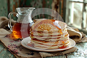 Stack of Pancakes with Dripping Maple Syrup.