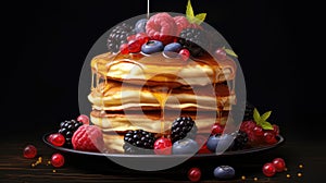 Stack of pancakes with fresh berries and honey on black background