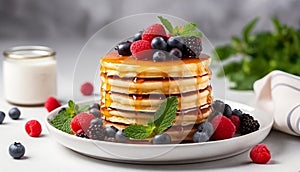 Stack of pancakes with fresh berries and maple syrup on a white plate. Generative AI