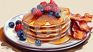 Stack of pancakes with fresh berries and syrup