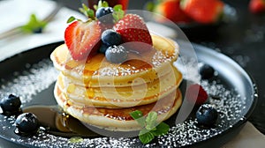 Stack of pancakes with fresh strawberries, blueberries, and syrup