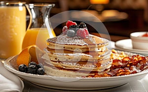 A stack of pancakes generously topped with fresh berries and drizzled with syrup, creating a delicious and indulgent