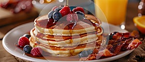 A stack of pancakes generously topped with fresh berries and drizzled with syrup, creating a delicious and indulgent