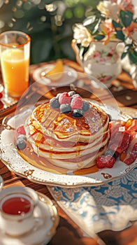 A stack of pancakes generously topped with fresh berries and drizzled with syrup, creating a delicious and indulgent