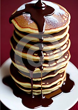 stack of pancakes with honey and chocolate syrup, Ai Generated