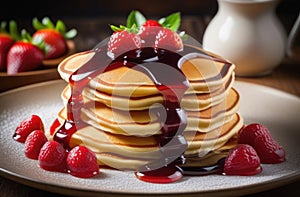 a stack of pancakes with jam, sweet berry dessert, delicious and healthy breakfast, homemade pastries