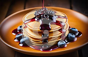 a stack of pancakes with jam, sweet berry dessert, delicious and healthy breakfast, homemade pastries,