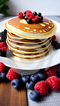 Stack of pancakes with maple syrup, butter and berries AI Generated