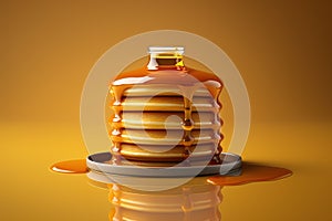 Stack of pancakes with maple syrup or honey on orange background.