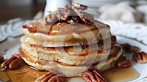 Stack of pancakes with pecans and syrup on a white plate