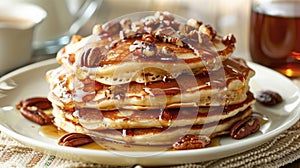 Stack of pancakes with pecans and syrup on a white plate