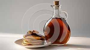 Stack of pancakes on a plate with a maple leaf garnish, next to a glass bottle of syrup