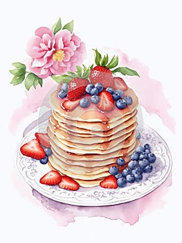 A stack of pancakes on a plate with strawberries and currants (blueberries).